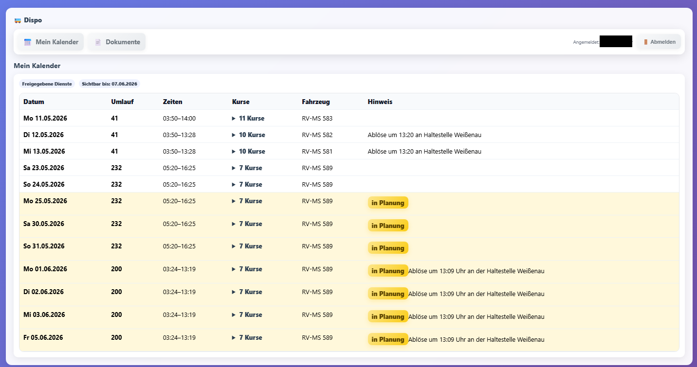 Dispo Program – Fahrerlogin und Dienstplan