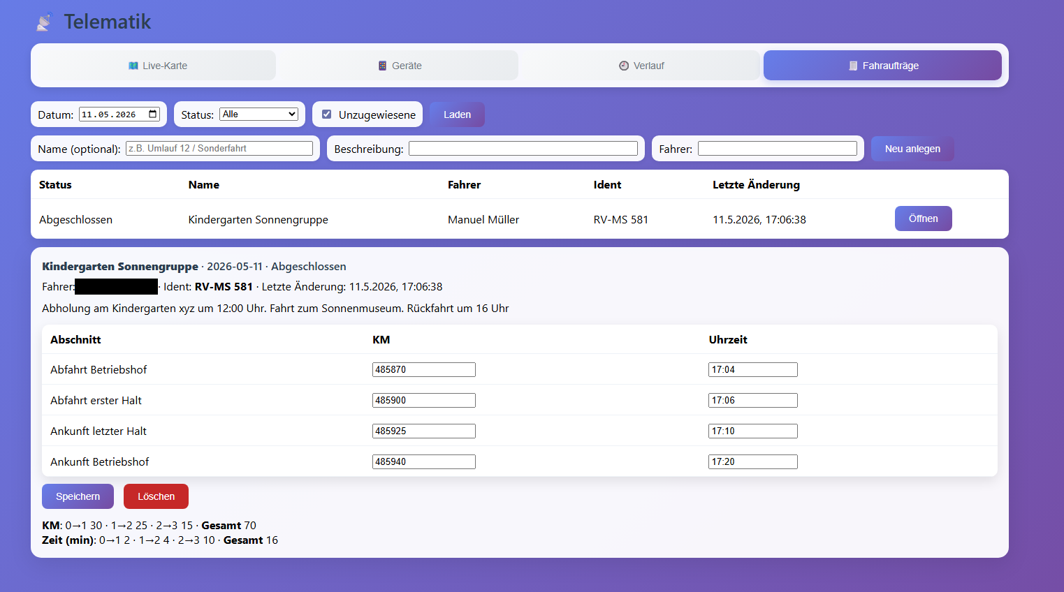 Online Portal – Fahrauftrag Auswertung
