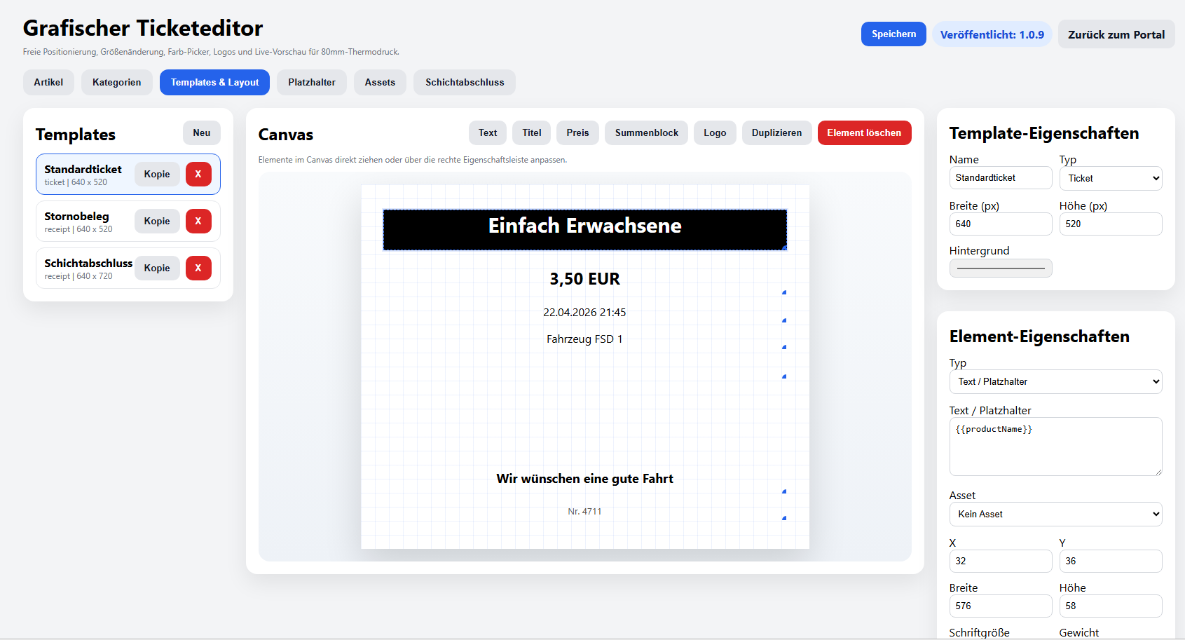 Online Portal – Ticket Editor Layout